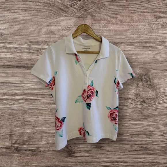 Croft & Barrow White Pink Rose Print Button Neck Polo Shirt size XL - Picture 2 of 16